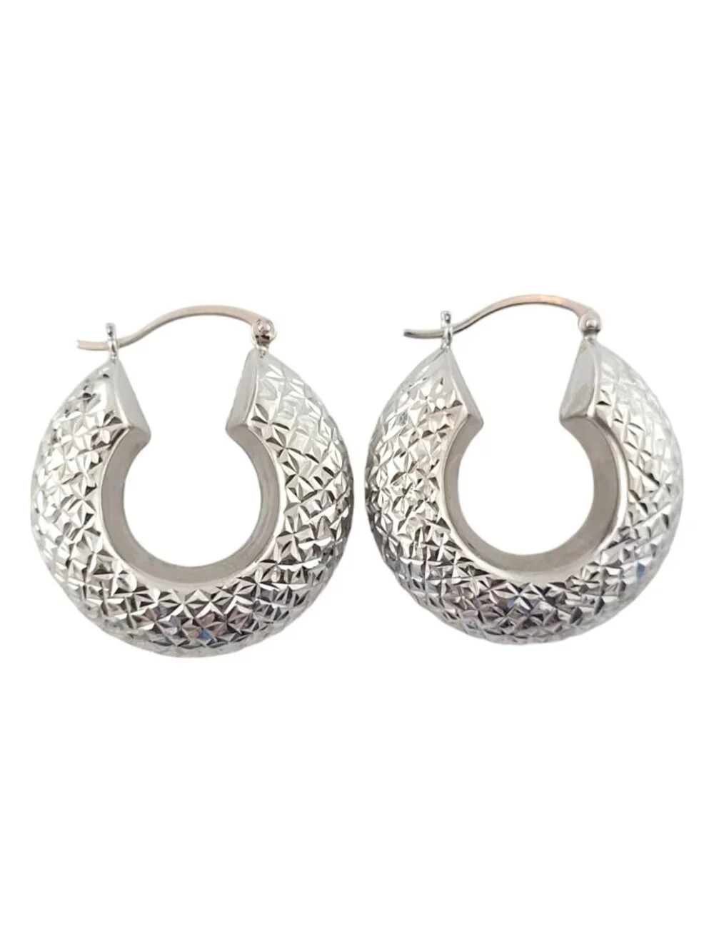 13 - 14K White Gold Textured Puffed Hoop Earrings #16363